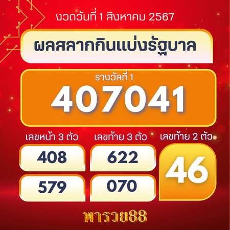 ผลหวยรัฐบาลไทย วันที่ 1 สิงหาคม 2567